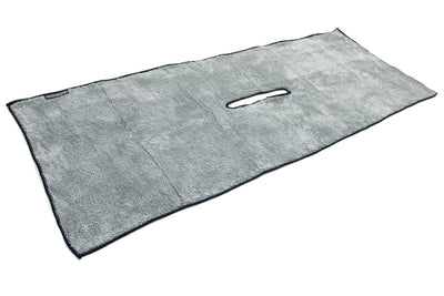 Large golf towel made from microfiber twisted cloth. Color is grey with black trim and features a center cut hole. Towel sized 16-inches by 40-inches.