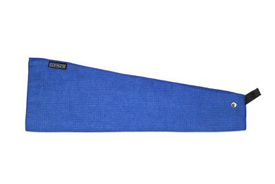 Single blue magnetic golf towel. Microfiber greenside towel includes an attached magnet accessory with silver snap closure.