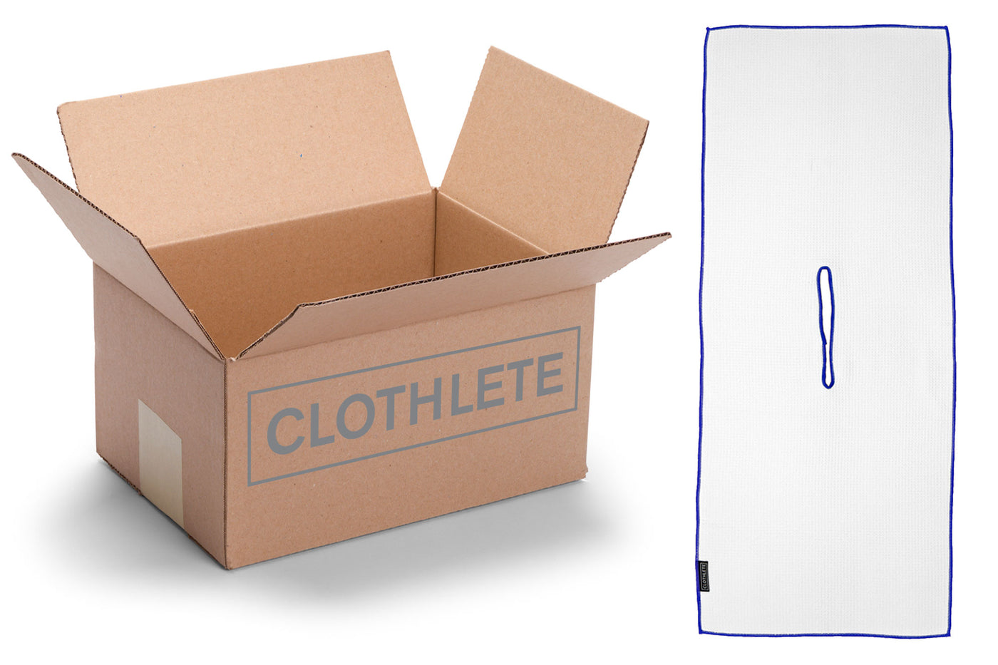 Cardboard bulk box of golf towels with center cut hole. Towels made from white microfiber with a blue trim. Towels sized 16 inches by 40 inches.
