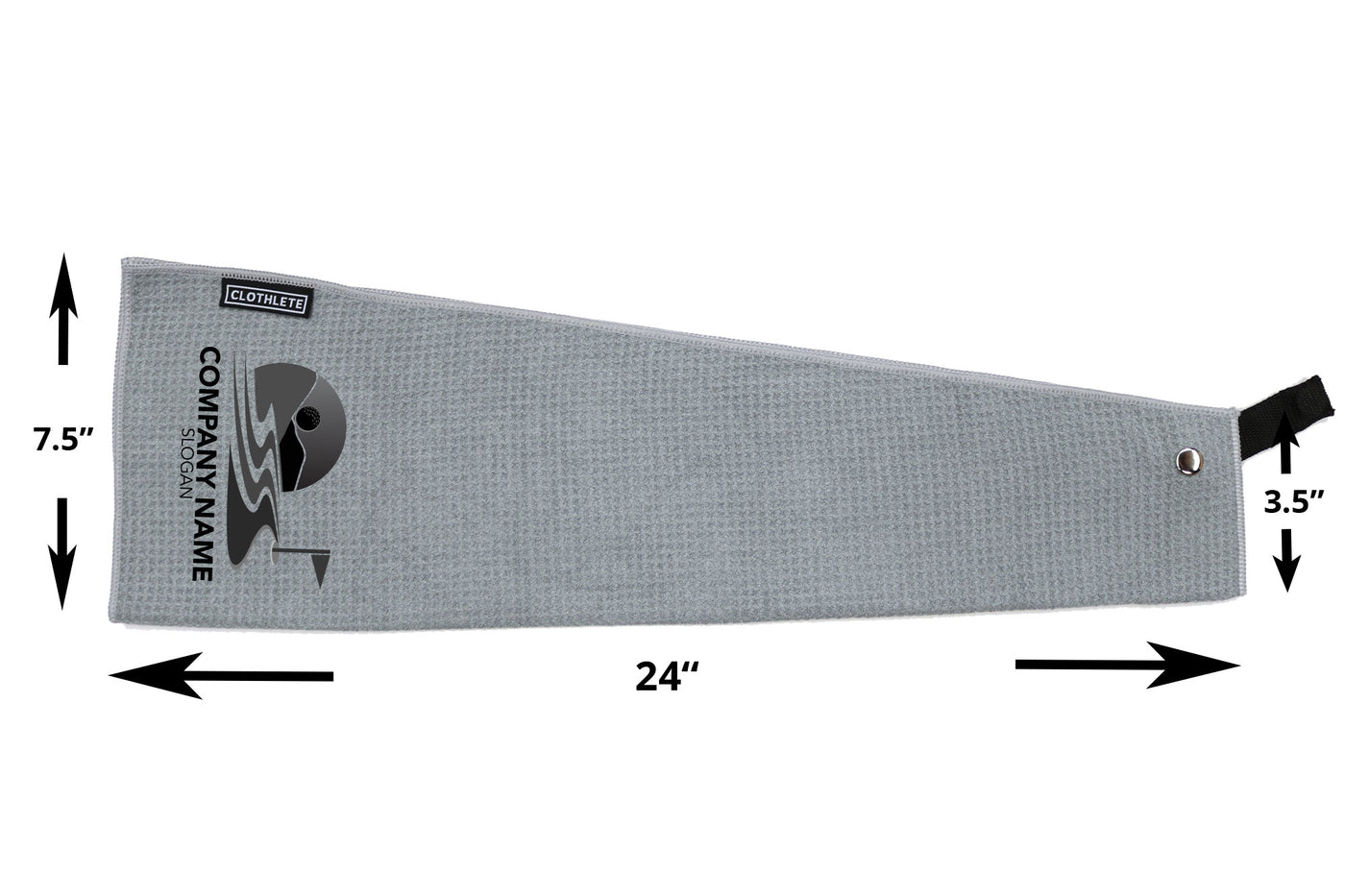 A grey, waffle weave microfiber golf towel with grey trim. Dimensions are indicated as 7.5" x 24" x 3.5". An example of a custom printed logo is pictured at one end, and the included magnetic attachment is at the other.