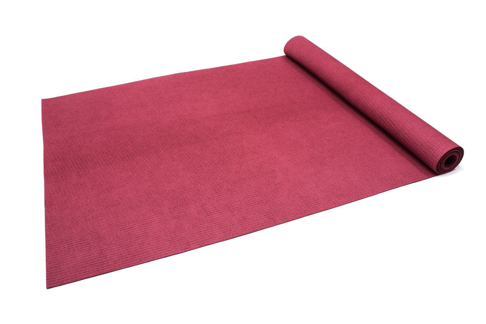 Dark red yoga mat towel with non-slip material on both sides. Microfiber yoga mat towel with waffle weave structure for extra moisture absorbtion.