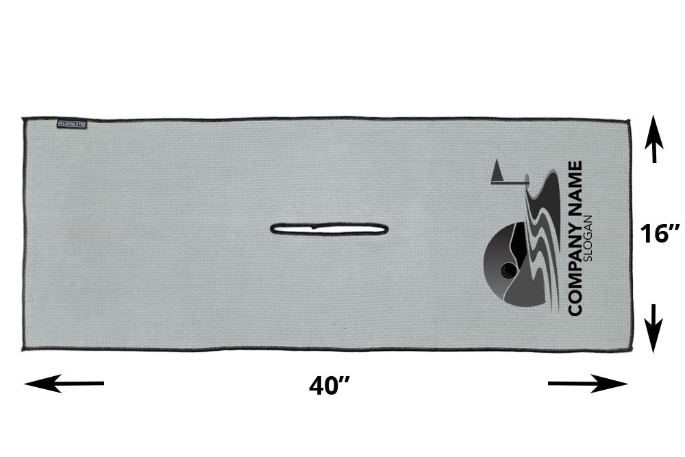 Long, rectangular custom golf towel, dimensions indicated in image as being 40" x 16". Center cut custom golf towel is gray with black trim and has an example logo design on the right hand side.